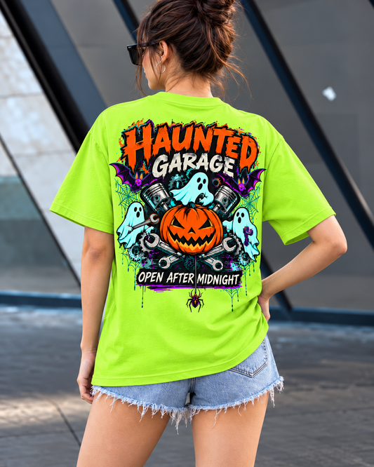🎃Haunted Garage Halloween Unisex T-Shirt – Mechanic Ghost & Pumpkin Tee🎃